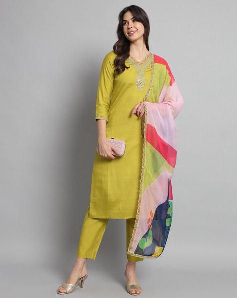 Women Light Green Colour Embroidered Straight Kurta Set