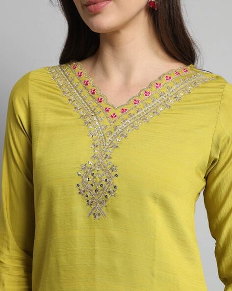 Women Light Green Colour Embroidered Straight Kurta Set