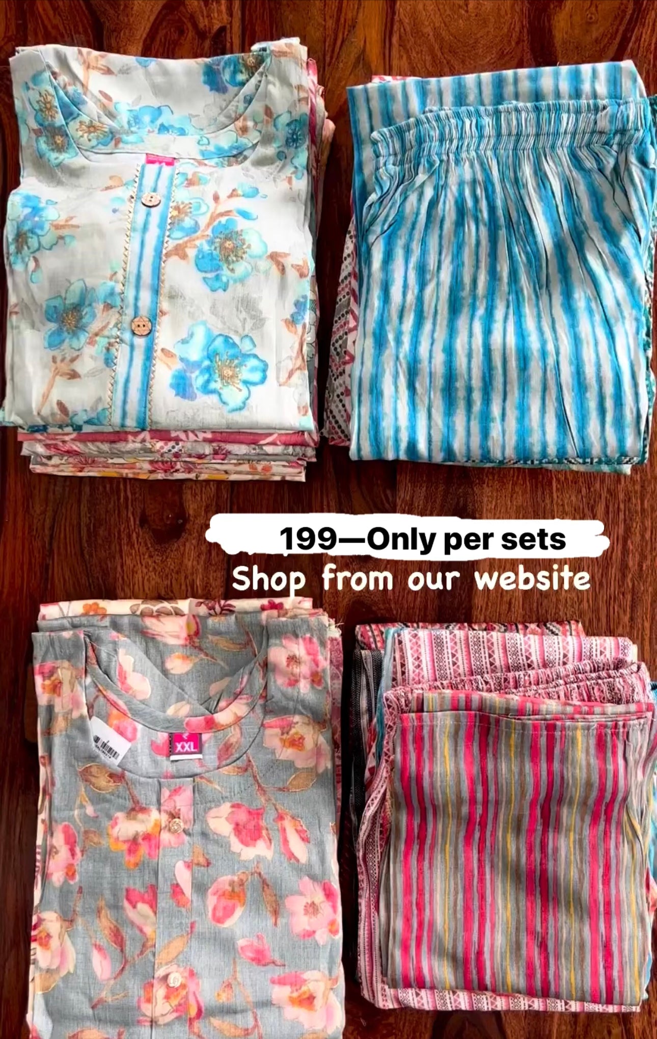 Womens Flower Print Multicolour Cotton Silk Kurti Set