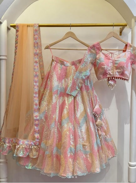 Pink Floral Print, Embellished Stitched Lehenga Choli