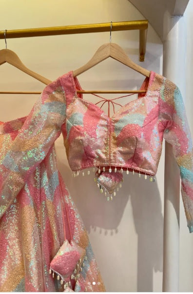 Pink Floral Print, Embellished Stitched Lehenga Choli