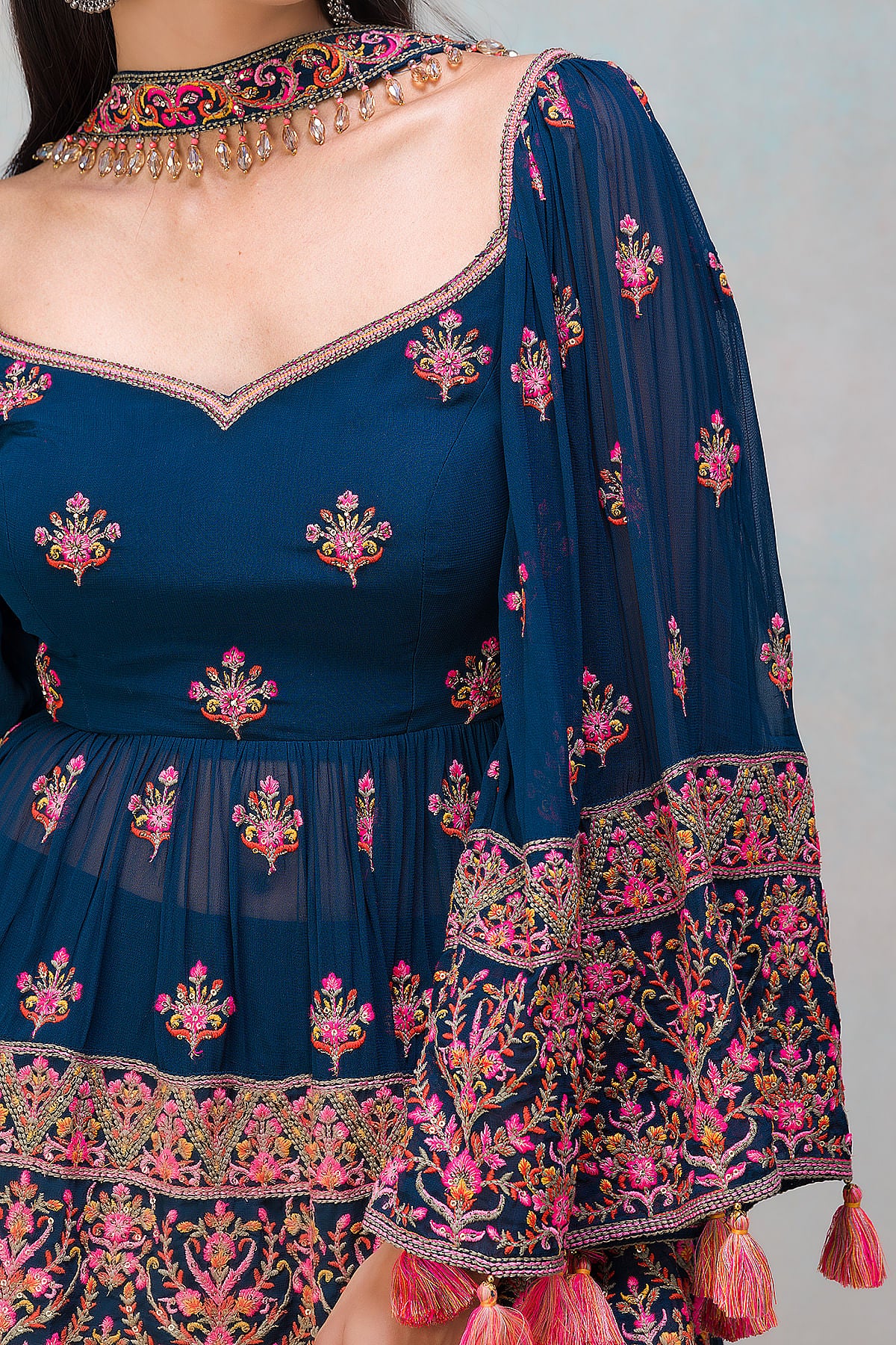 Dark Midnight Blue Resham Embroidered Georgette Palazzo Suit